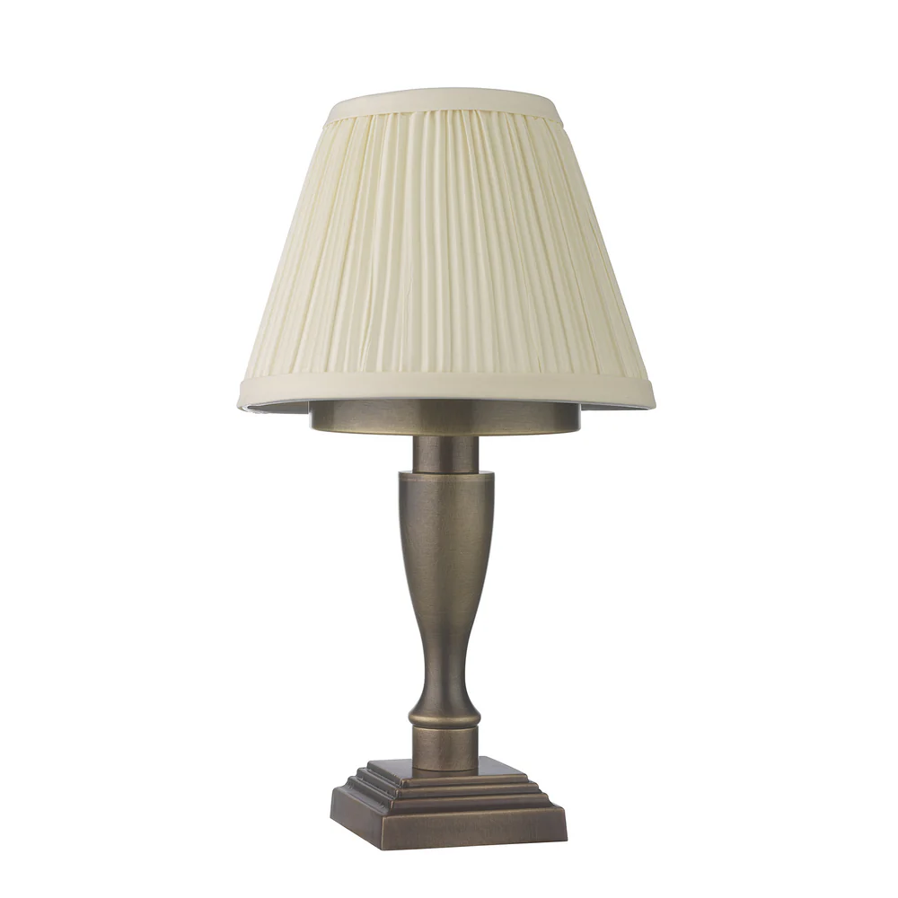 Northern Light - Hebe Rechargeable Table Lamp - Old English Brass Light Finish - 6" Pleated Empire Ivory Cotton Shade