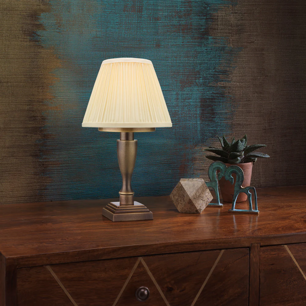 Northern Light - Hebe Rechargeable Table Lamp - Old English Brass Light Finish - 6" Pleated Empire Ivory Cotton Shade