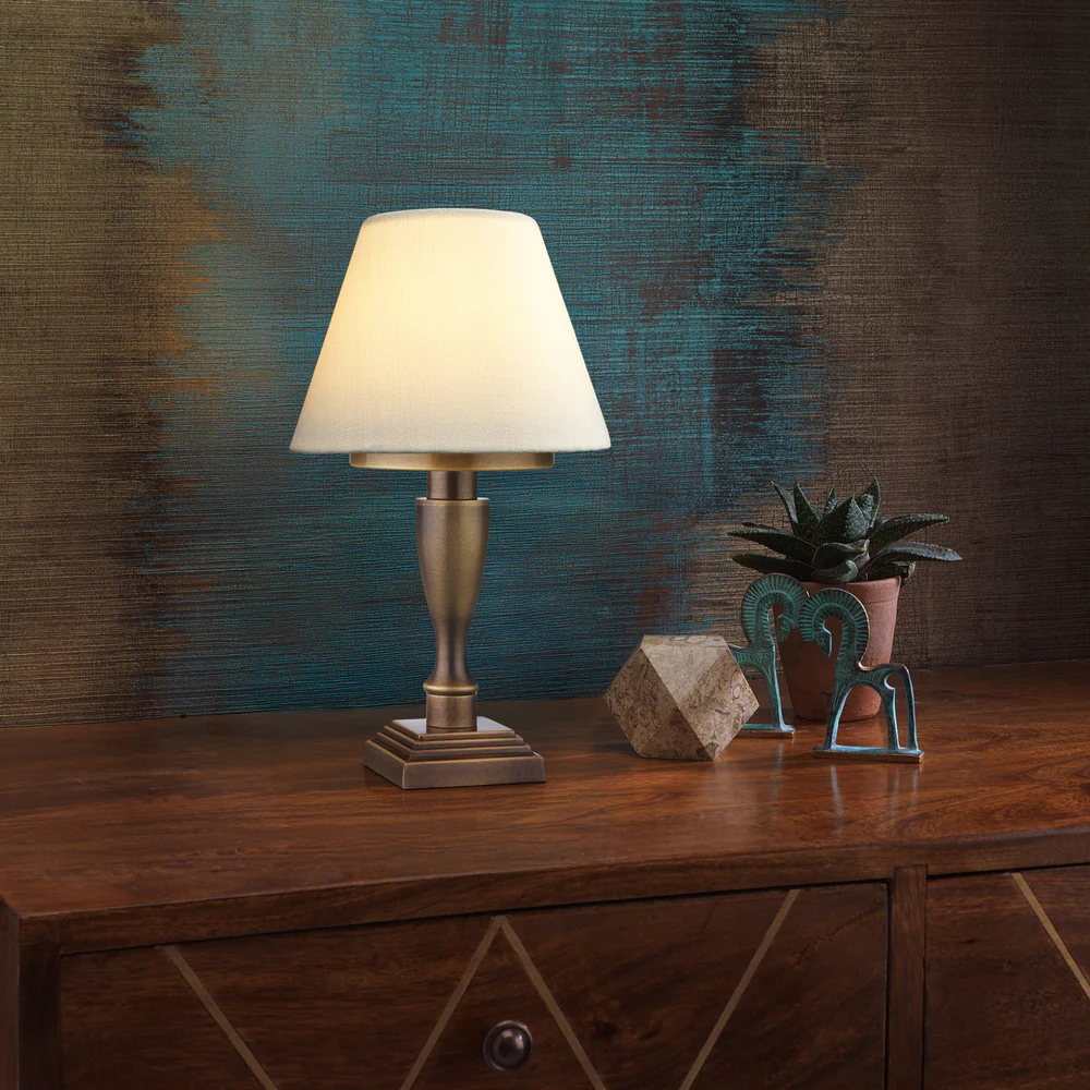 Northern Light - Hebe Rechargeable Table Lamp - Old English Brass Light Finish - 6" Rolled Edge Empire Snowdrift Shade