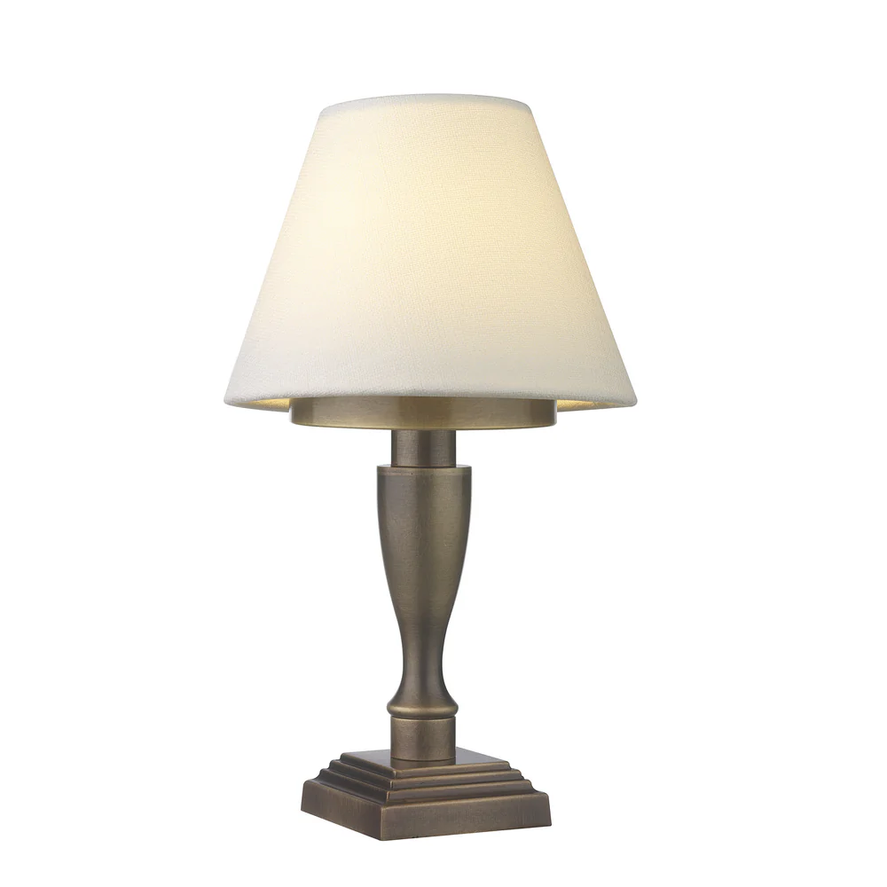 Northern Light - Hebe Rechargeable Table Lamp - Old English Brass Light Finish - 6" Rolled Edge Empire Snowdrift Shade