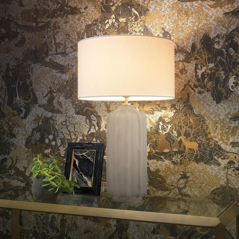 Northern Light - Chaco Table Lamp - Stipple Matt Reactive Glaze Old English Brass Light Finish - 16" Short Drum Ivory satin Shade