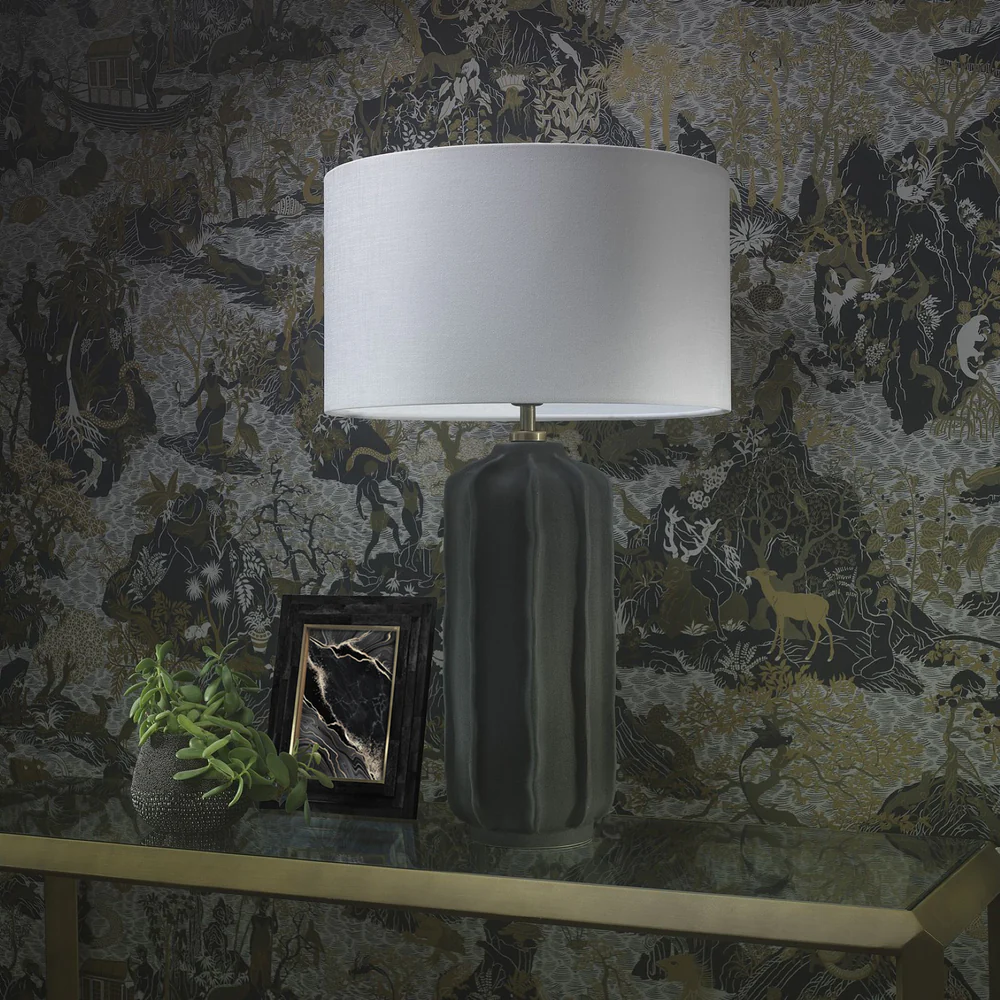 Northern Light - Chaco Table Lamp - Raku Black Old English Brass Light Finish - 16" Short Drum Pearl Grey Shade