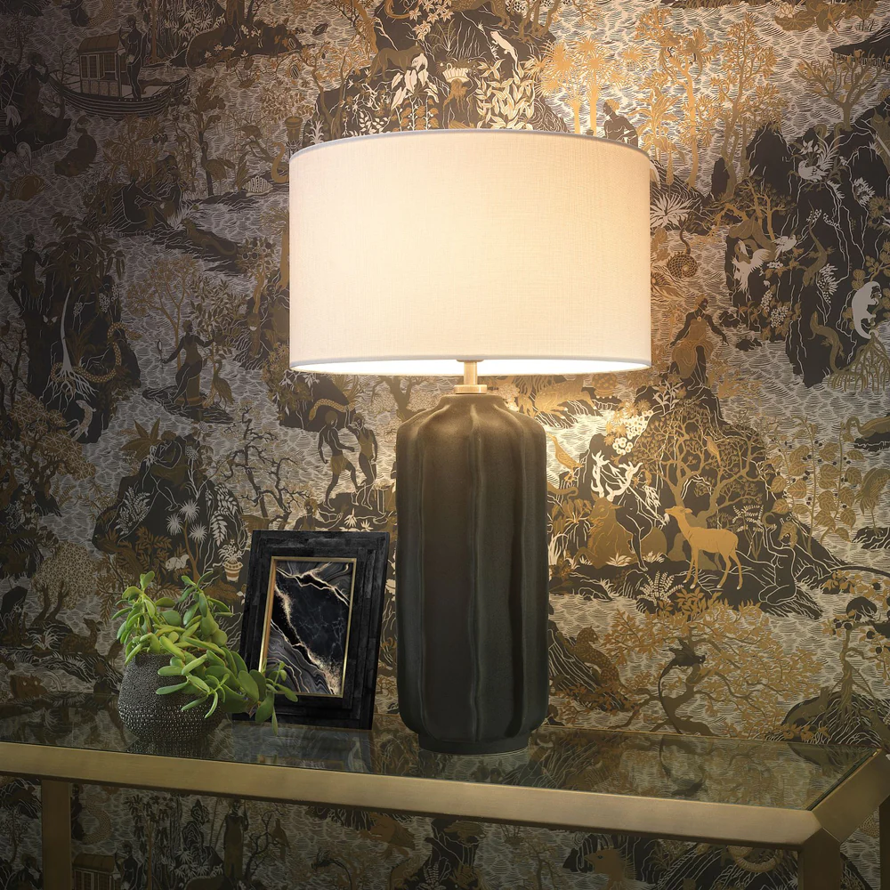 Northern Light - Chaco Table Lamp - Raku Black Old English Brass Light Finish - 16" Short Drum Pearl Grey Shade