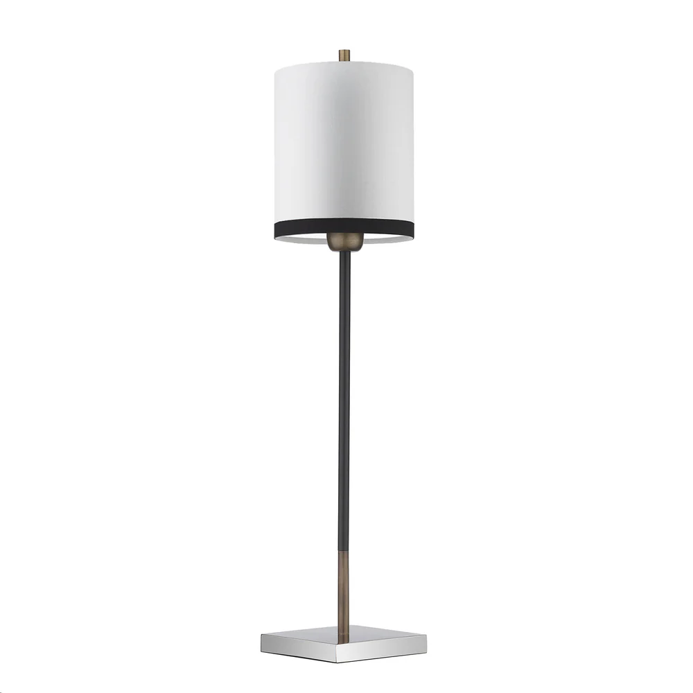 Northern Light - Hilliard Table Lamp Large - Black Polished Stainless Steel Old English Brass Light Finish - 6" Metro Drum Pearl Grey Black Trim Shade