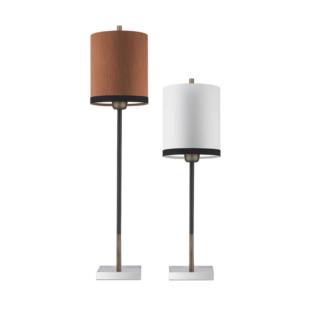 Northern Light - Hilliard Table Lamp Large - Black Polished Stainless Steel Old English Brass Light Finish - 6" Metro Drum Tussah Pumpkin Black Trim Shade