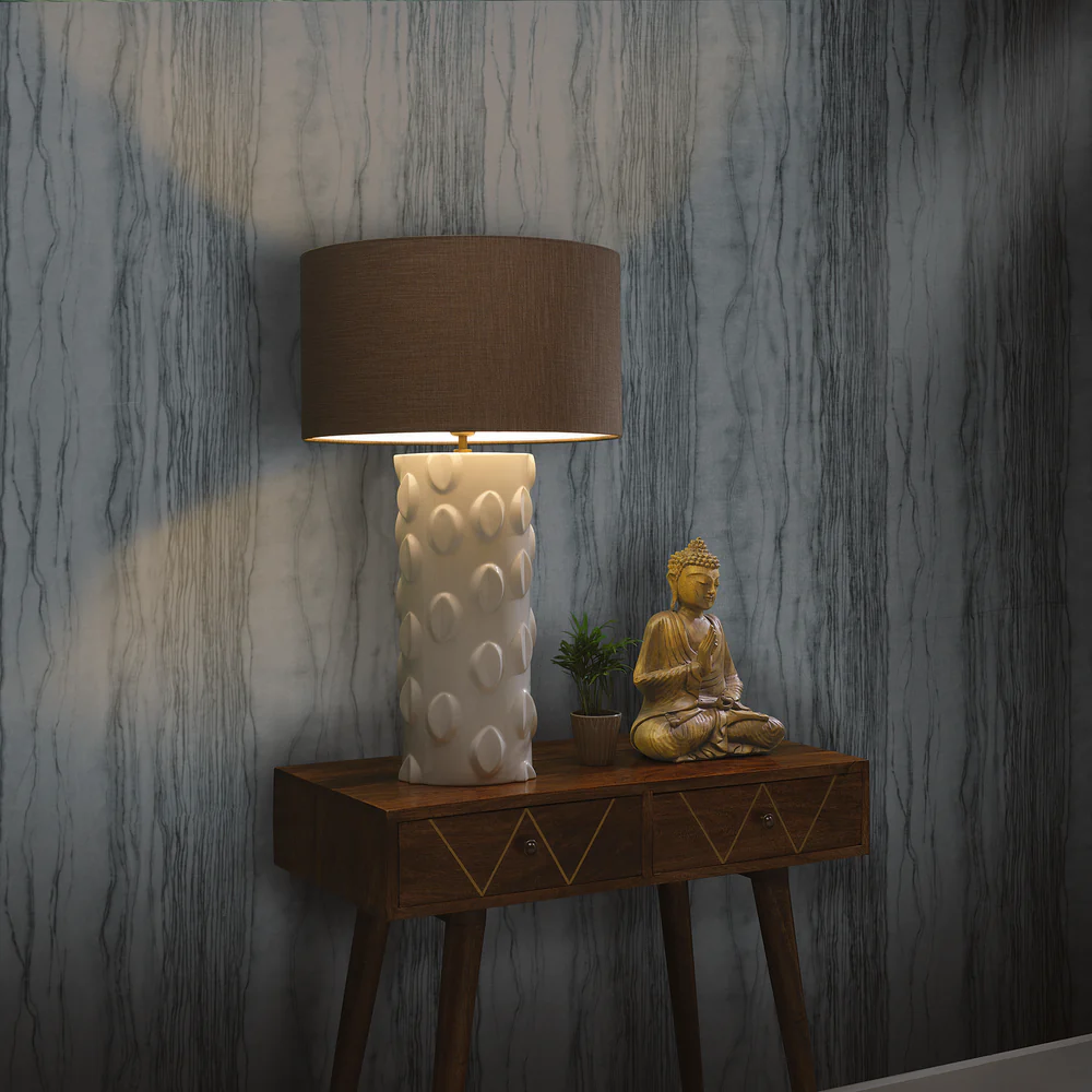 Northern Light - Tuvalu Table Lamp - Ivory Reactive Glaze Georgian Brass Finish - 20" Short Drum Tussah Walnut Shade