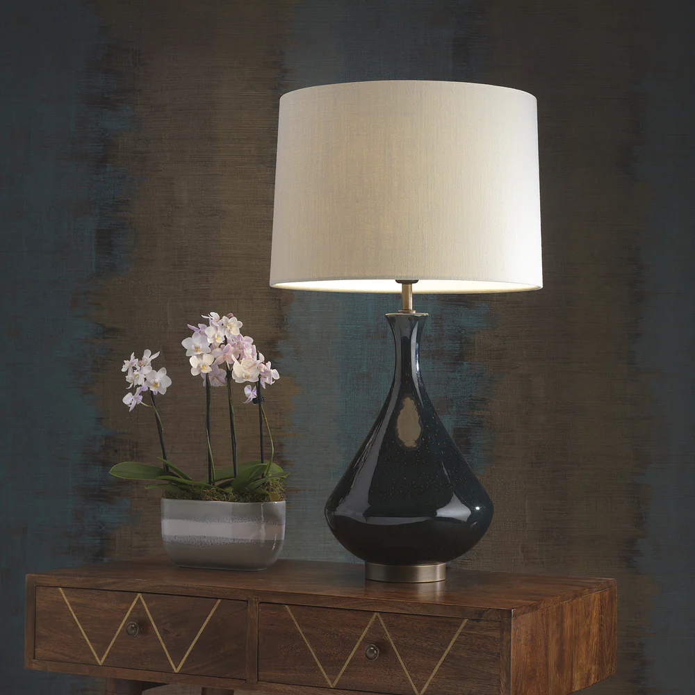 Northern Light - Teba Table Lamp - Midnight Teal Reactive Glaze Rich Bronze Finish - 16" Soho Drum Saxon Ivory Linen Shade