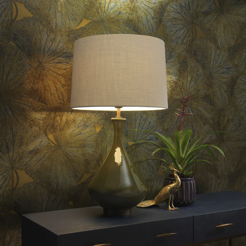 Northern Light - Teba Table Lamp - Forest Green Reactive Glaze Rich Bronze Finish - 16" Soho Drum Saxon Ivory Shade