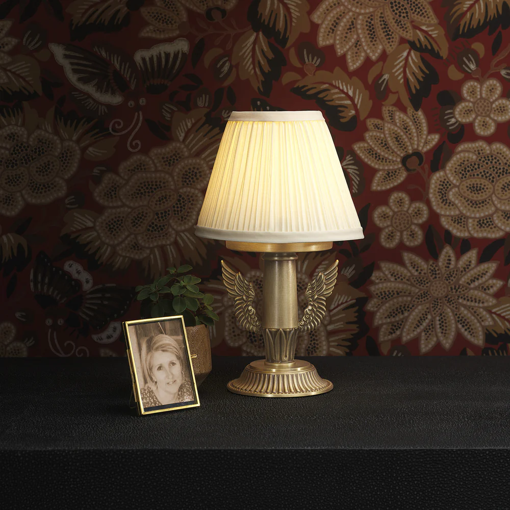 Northern Light - Icarus Rechargeable Table Lamp - Old English Brass Light Finish - 6" Pleated Empire Ivory Cotton Shade