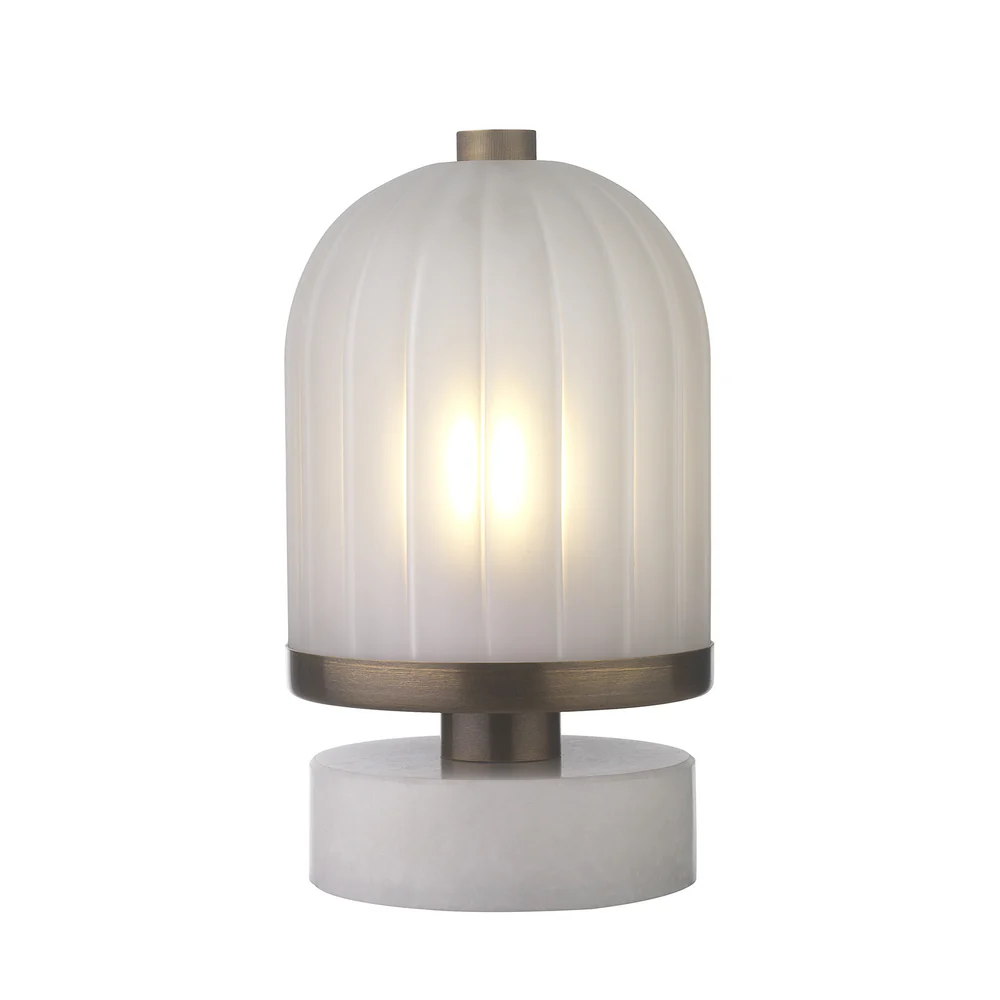 Northern Light - Bradbury Rechargeable Table Lamp - Old English Brass Light Finish - Frosted Reeded Glass Dome Shade