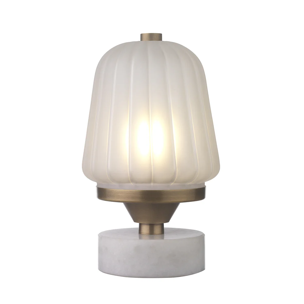 Northern Light - Balfour Rechargeable Table Lamp - Old English Brass Light Finish - Frosted Reeded Glass Shade