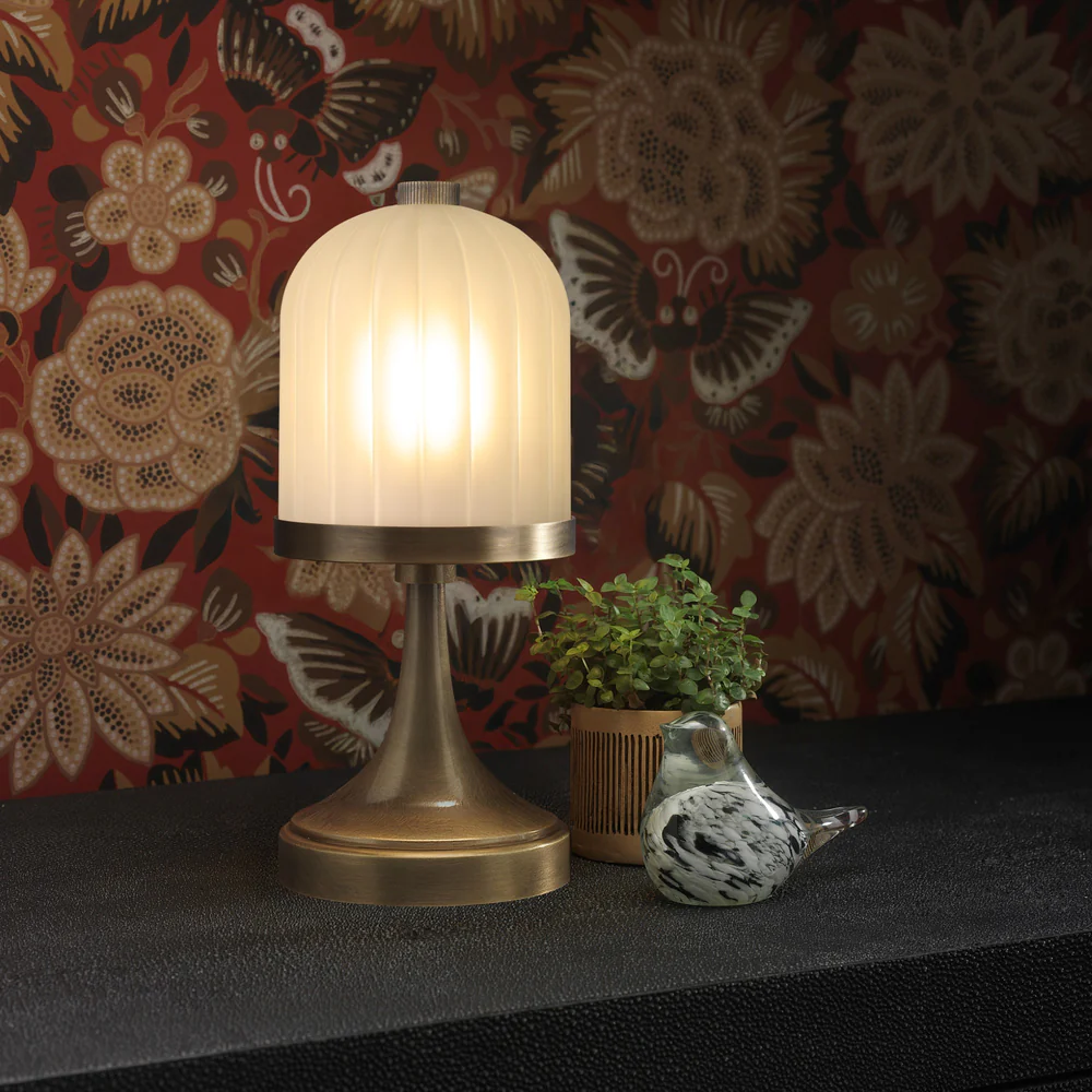Northern Light - Calloway Rechargeable Table Lamp - Old English Brass Light Finish - Frosted reeded glass dome Shade