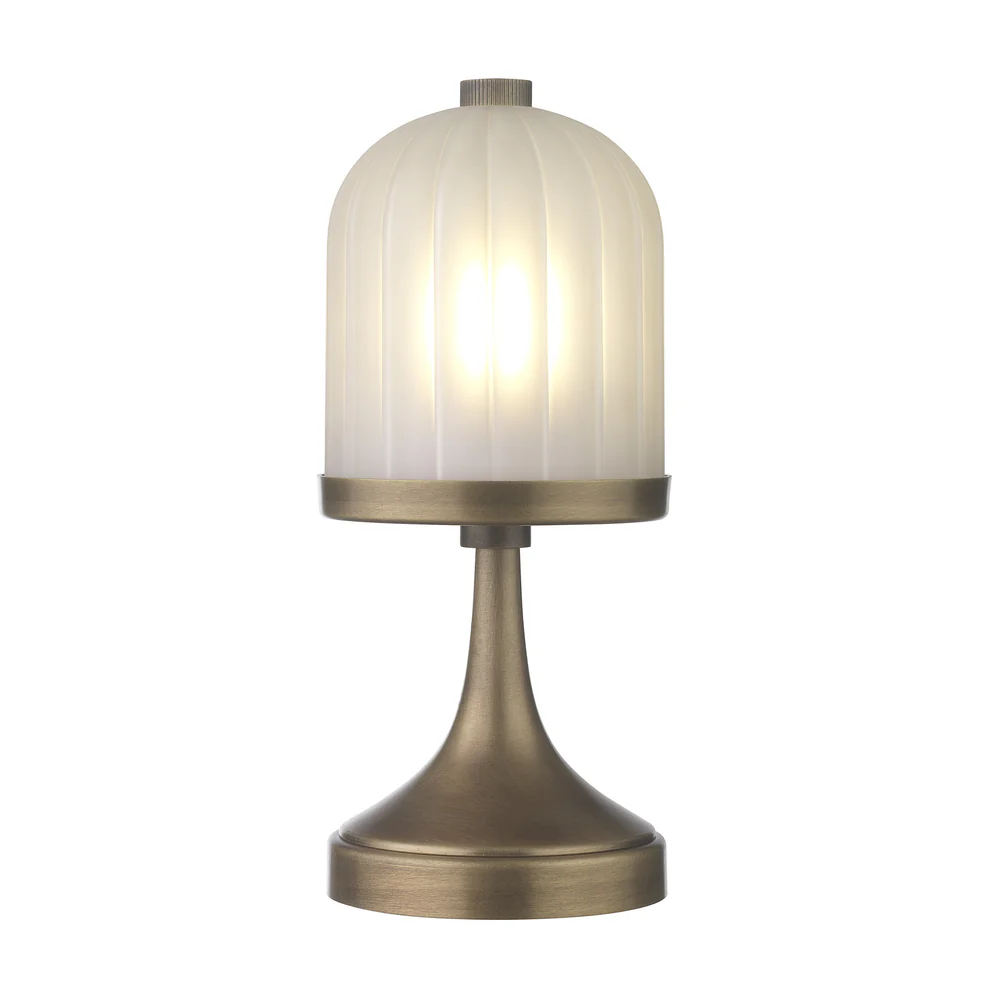 Northern Light - Calloway Rechargeable Table Lamp - Old English Brass Light Finish - Frosted reeded glass dome Shade