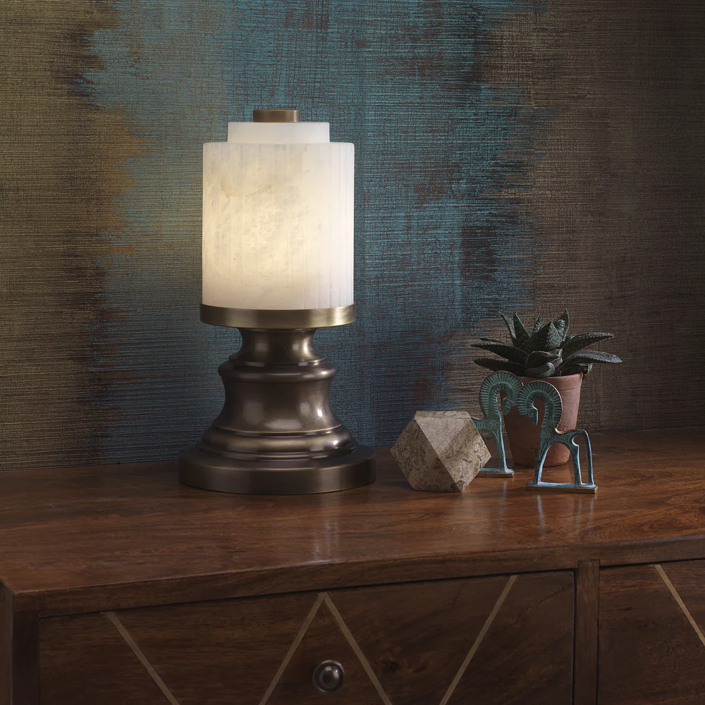 Northern Light - Clermont Rechargeable Table Lamp - Old English Brass Dark Finish - White Alabaster Shade