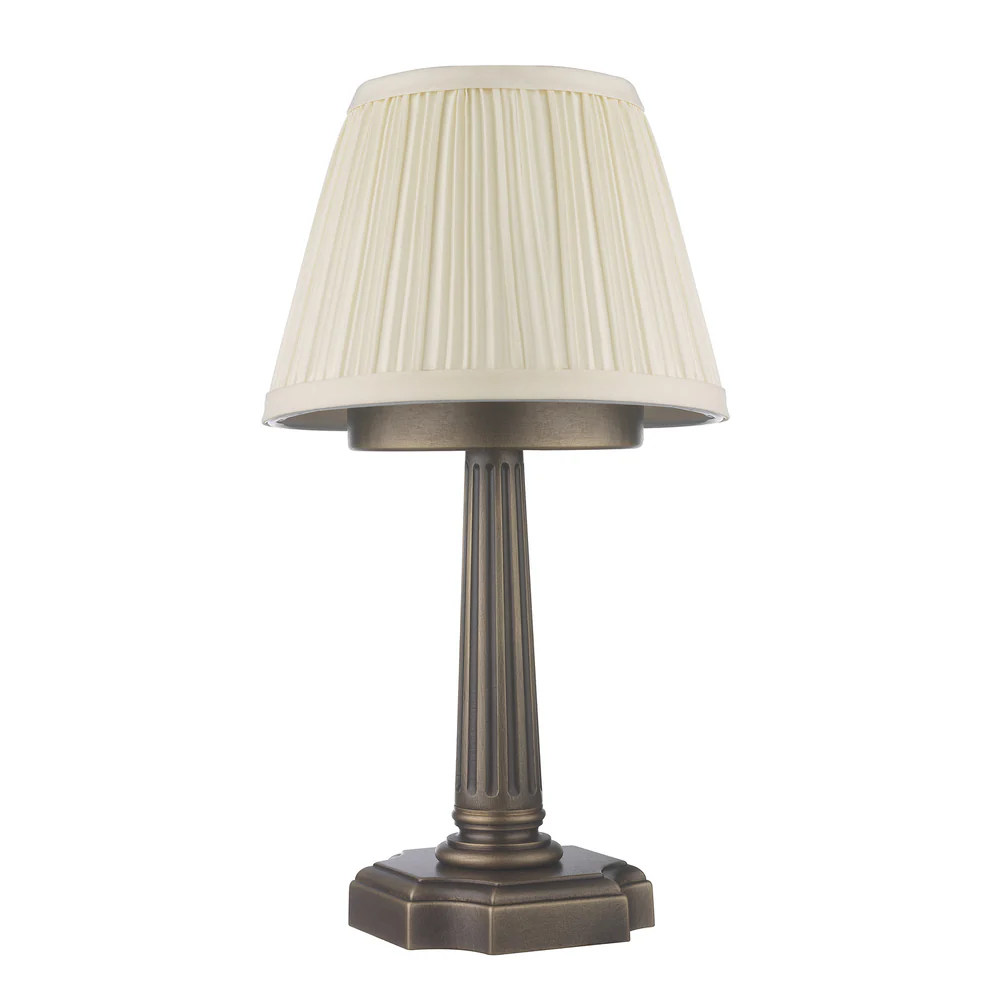 Northern Light - Burghley Rechargeable Table Lamp - Old English Brass Dark Finish - 6" Pleated Empire Ivory Cotton Shade