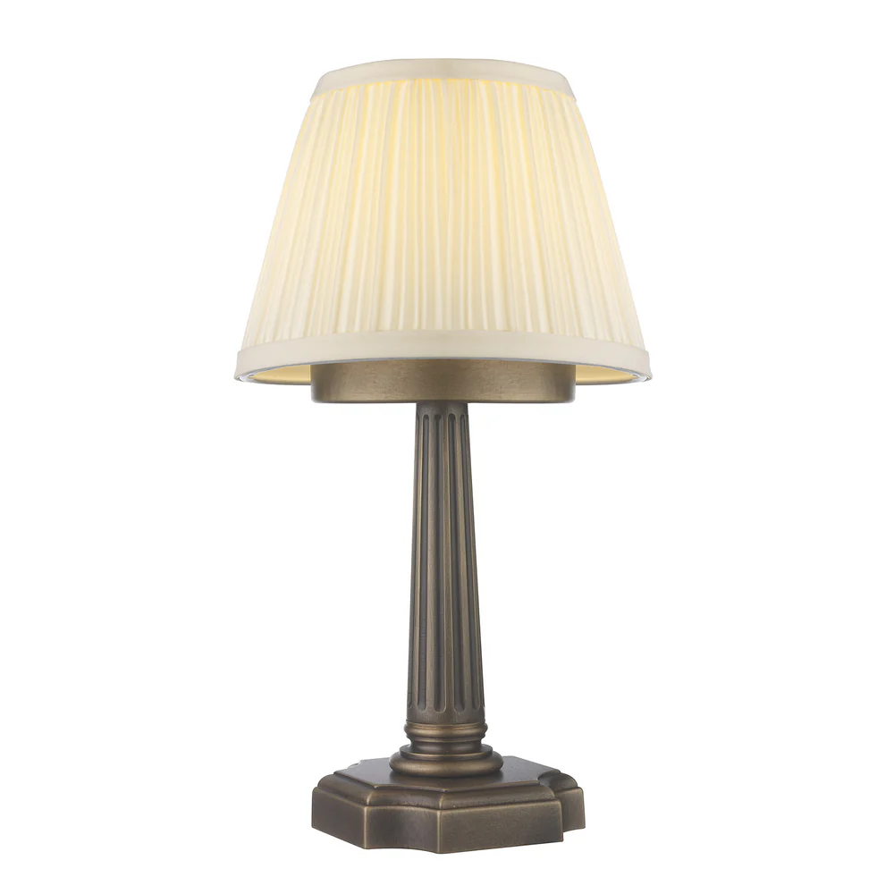Northern Light - Burghley Rechargeable Table Lamp - Old English Brass Dark Finish - 6" Pleated Empire Ivory Cotton Shade