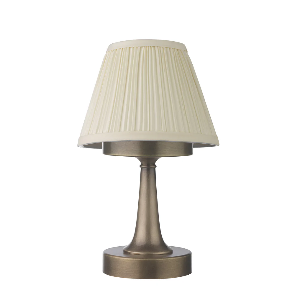 Northern Light - Naiad Rechargeable Table Lamp - Old English Brass Light Finish - 7" Pleated Empire Ivory Cotton Shade