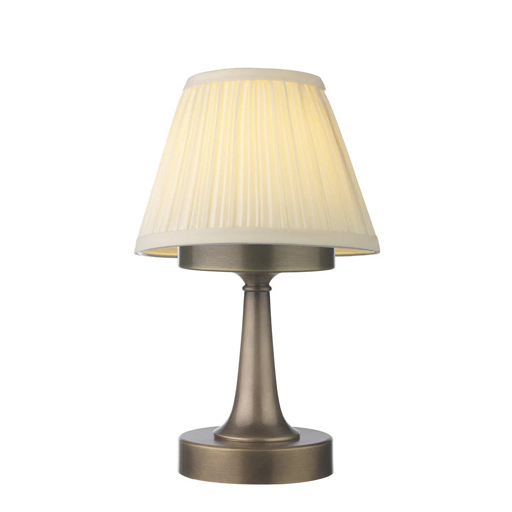 Northern Light - Naiad Rechargeable Table Lamp - Old English Brass Light Finish - 6" Pleated Empire Ivory Cotton Shade