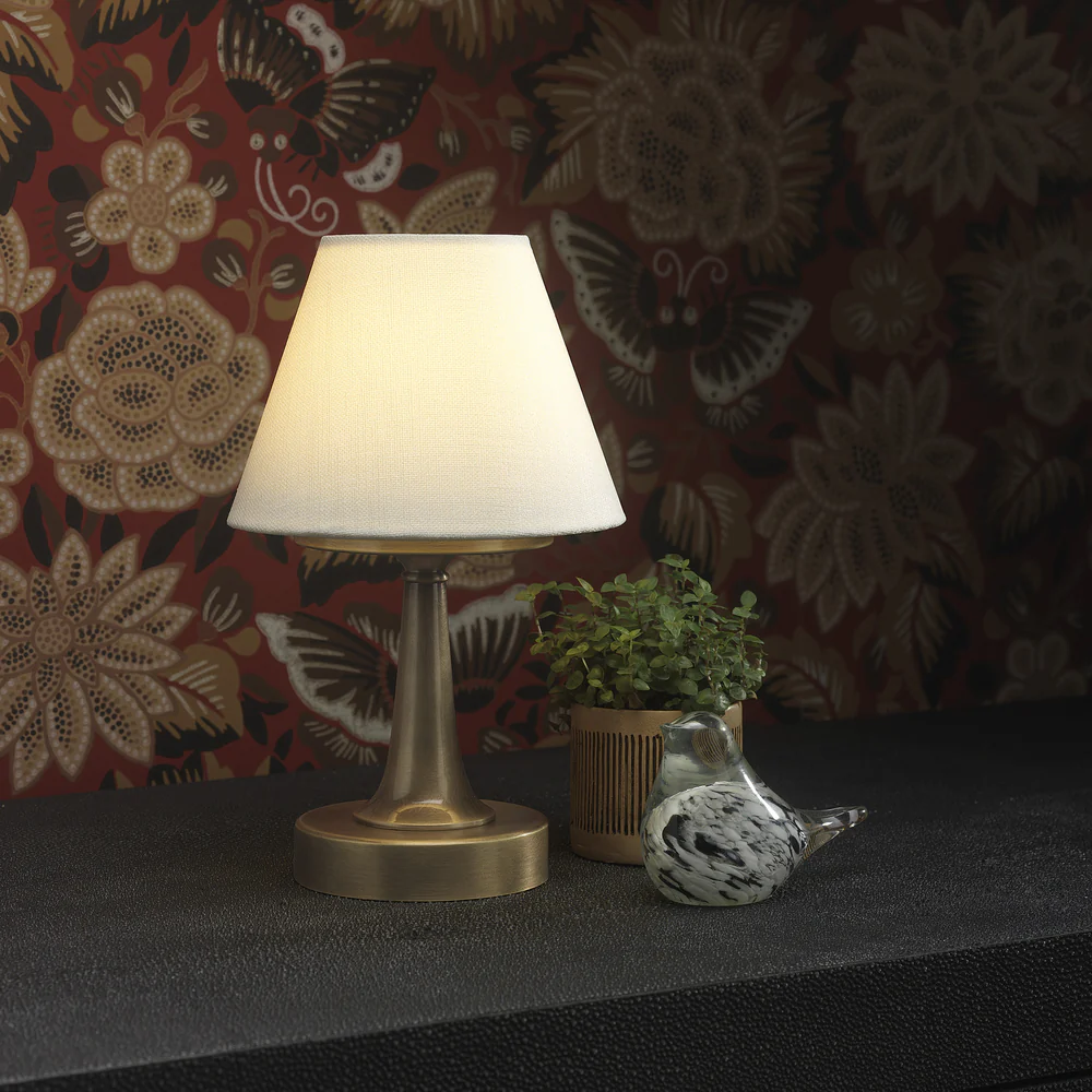 Northern Light - Naiad Rechargeable Table Lamp - Old English Brass Light Finish - 6" Rolled Edge Empire Snowdrift Shade