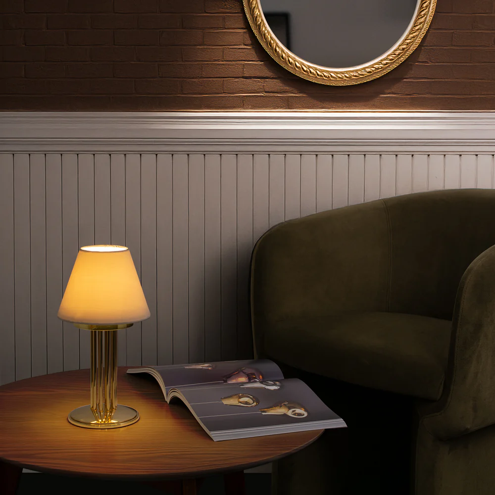 Northern Light - Inari Rechargeable Table Lamp - Polished Brass Finish - 6" Candle Feather Shade