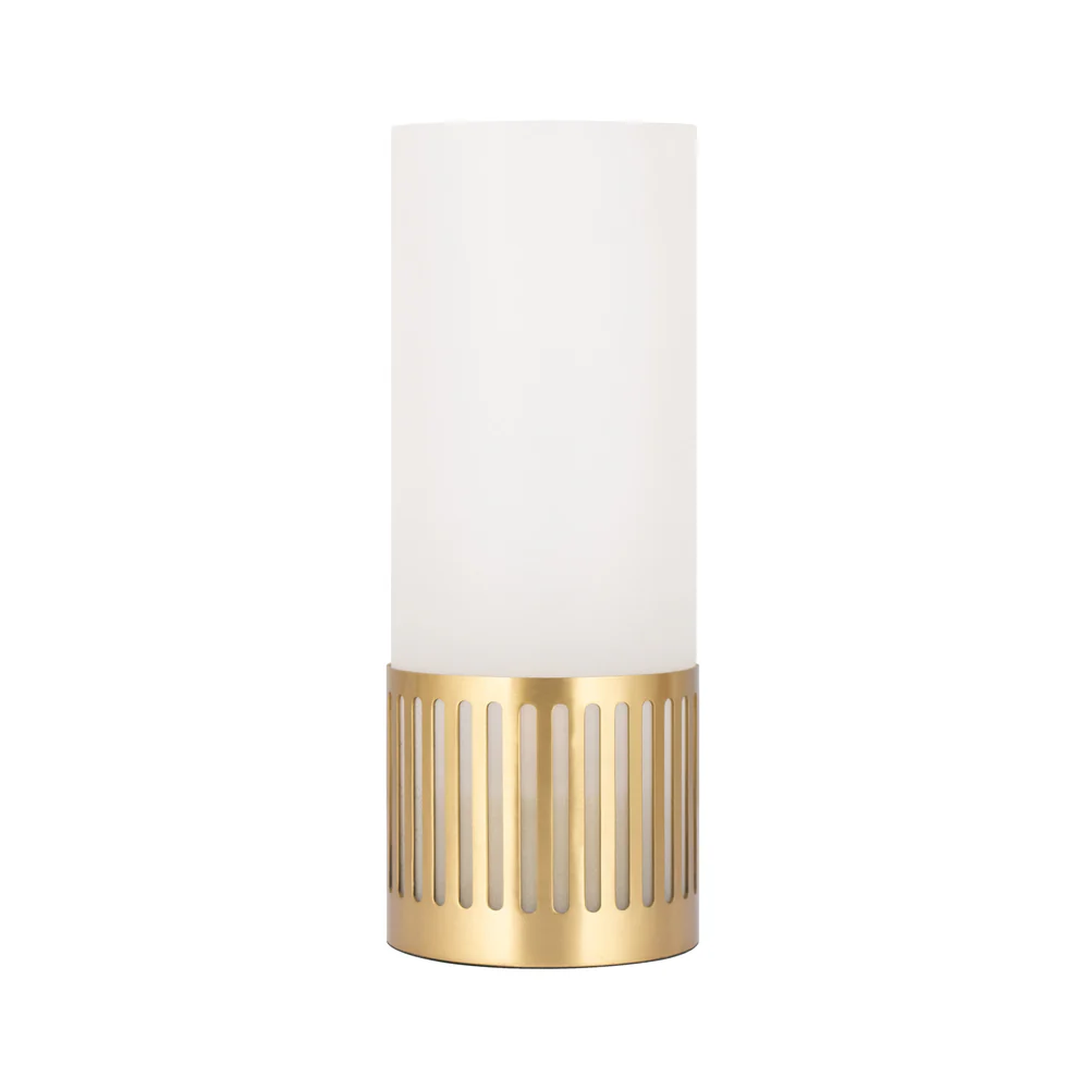 Northern Light - Luzon Channel Rechargeable Table Lamp - Brushed Brass Finish - Frosted Glass Cylinder Shade