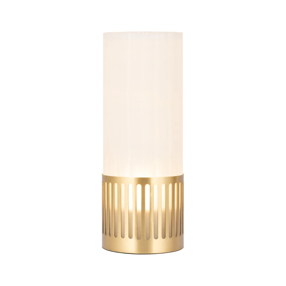 Northern Light - Luzon Channel Rechargeable Table Lamp - Brushed Brass Finish - Frosted Reeded Glass Cylinder Shade