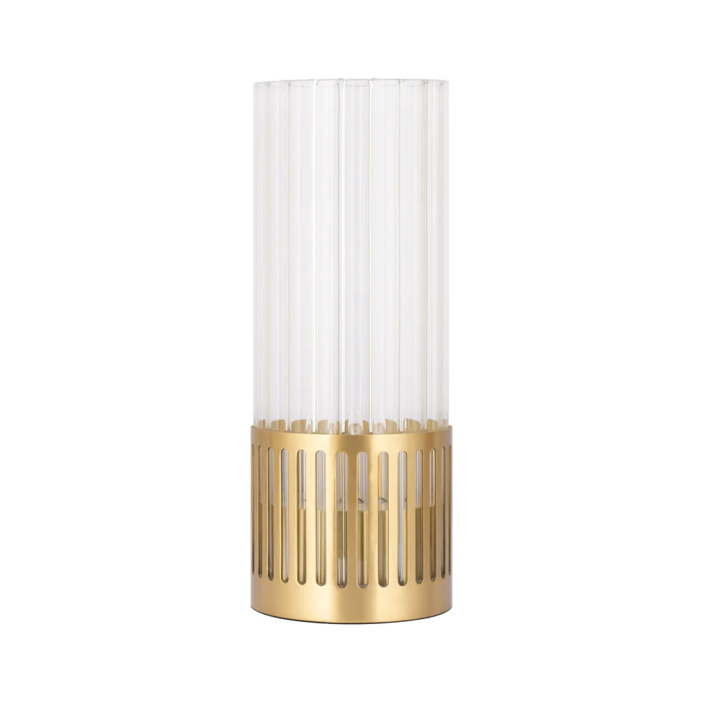 Northern Light - Luzon Channel Rechargeable Table Lamp - Brushed Brass Finish - Clear Reeded Glass Cylinder Shade
