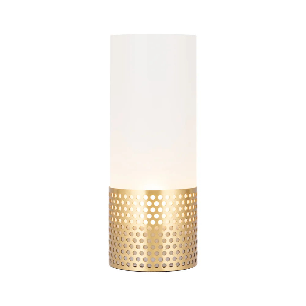 Northern Light - Luzon Cove Rechargeable Table Lamp - Brushed Brass Finish - Frosted Glass Cylinder Shade