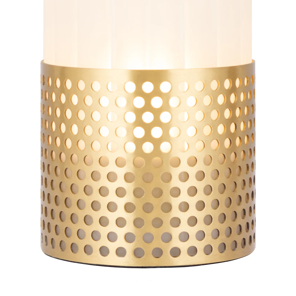Northern Light - Luzon Cove Rechargeable Table Lamp - Brushed Brass Finish - Frosted Reeded Glass Cylinder Shade