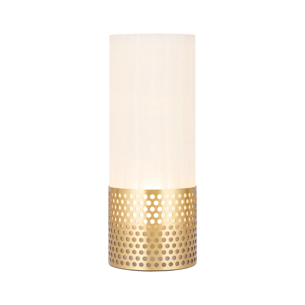 Northern Light - Luzon Cove Rechargeable Table Lamp - Brushed Brass Finish - Frosted Reeded Glass Cylinder Shade