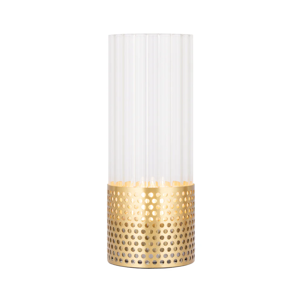 Northern Light - Luzon Cove Rechargeable Table Lamp - Brushed Brass Finish - Clear Reeded Glass Cylinder Shade
