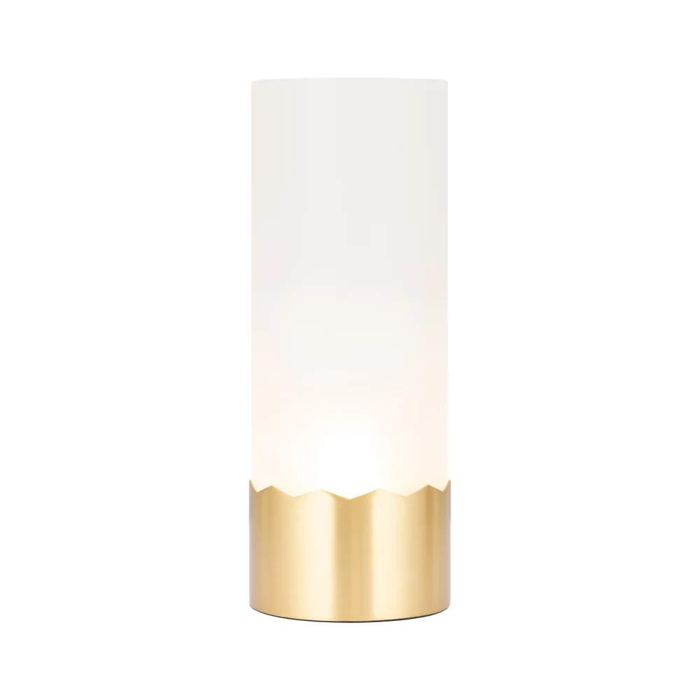 Northern Light - Luzon Peaks Rechargeable Table Lamp - Brushed Brass Finish - Frosted Glass Cylinder Shade