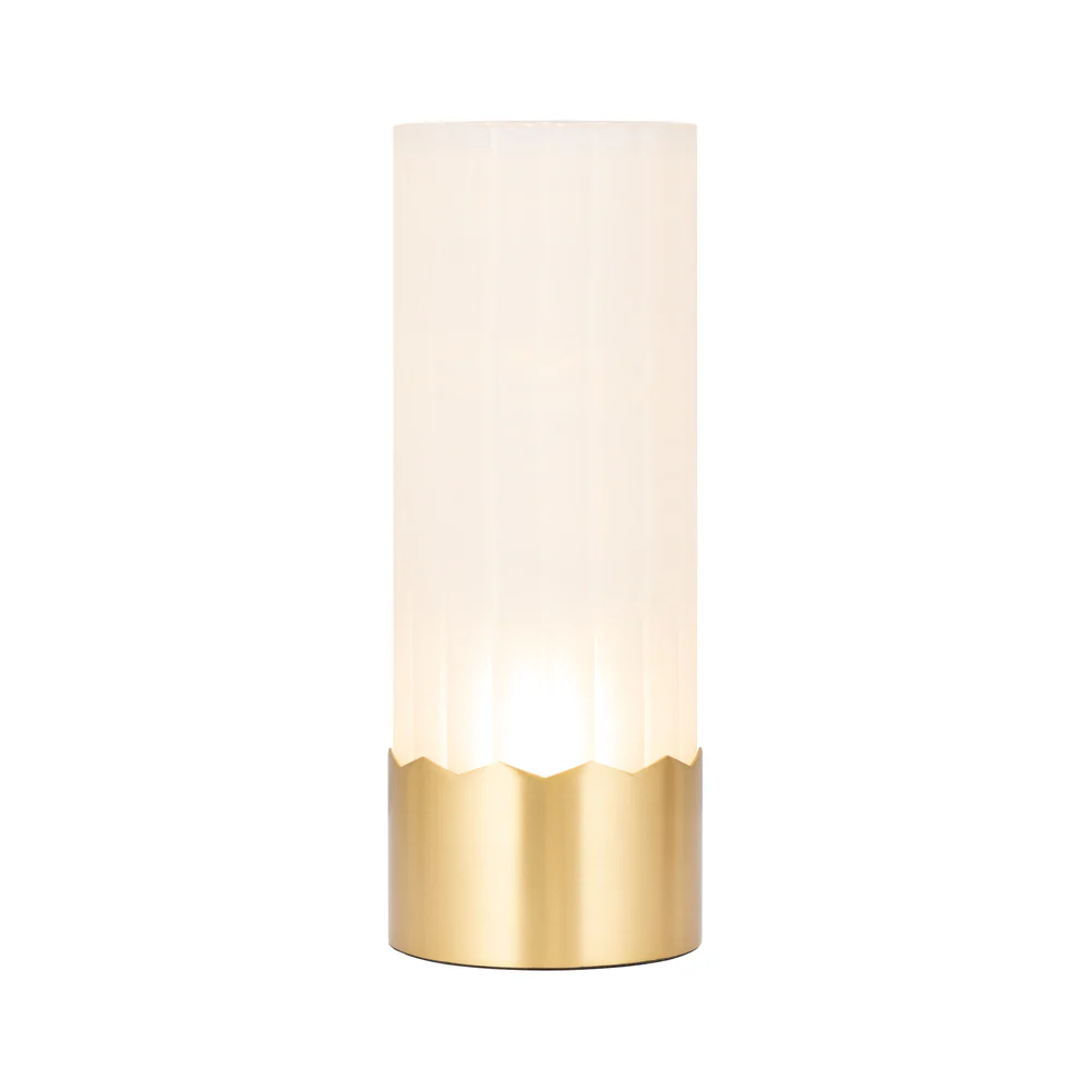 Northern Light - Luzon Peaks Rechargeable Table Lamp - Brushed Brass Finish - Frosted Reeded Glass Cylinder Shade