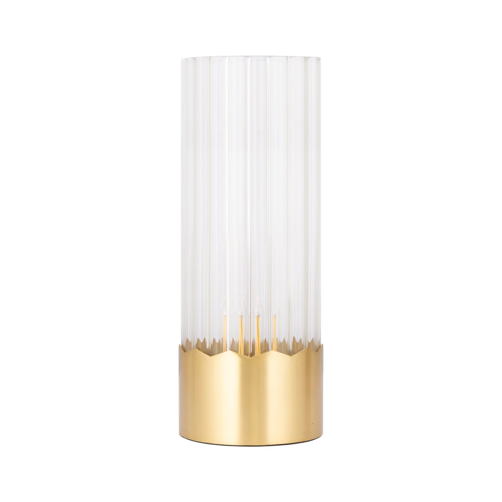 Northern Light - Luzon Peaks Rechargeable Table Lamp - Brushed Brass Finish - Clear Reeded Glass Cylinder Shade