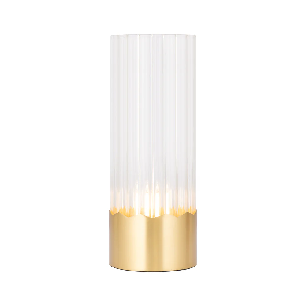 Northern Light - Luzon Peaks Rechargeable Table Lamp - Brushed Brass Finish - Clear Reeded Glass Cylinder Shade