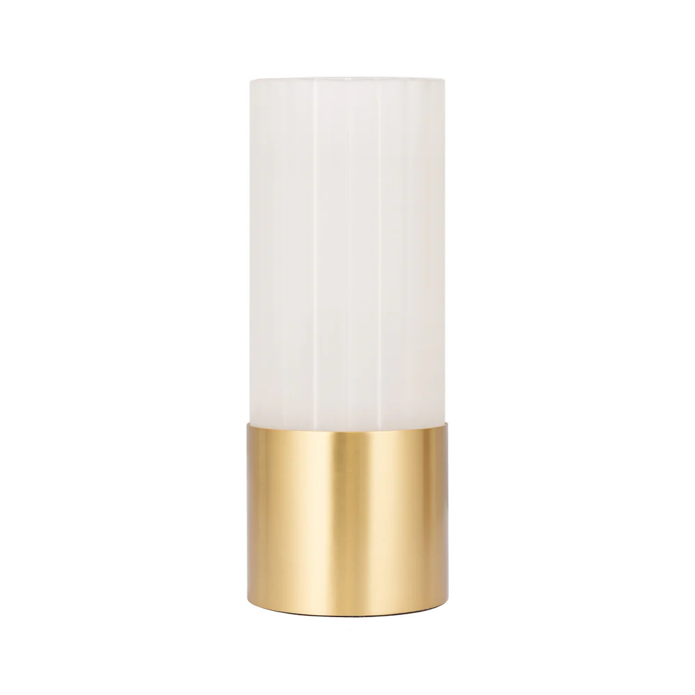 Northern Light - Luzon Plains Rechargeable Table Lamp - Brushed Brass Finish - Frosted Reeded Glass Cylinder Shade