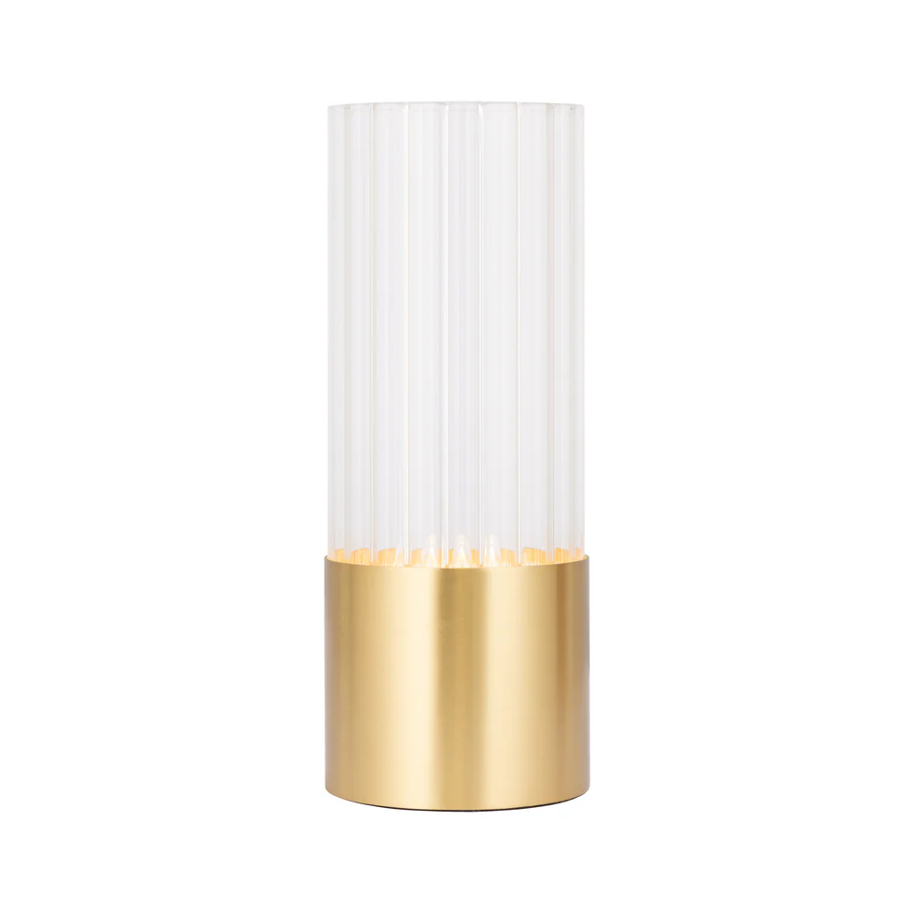 Northern Light - Luzon Plains Rechargeable Table Lamp - Brushed Brass Finish - Clear Reeded Glass Cylinder Shade