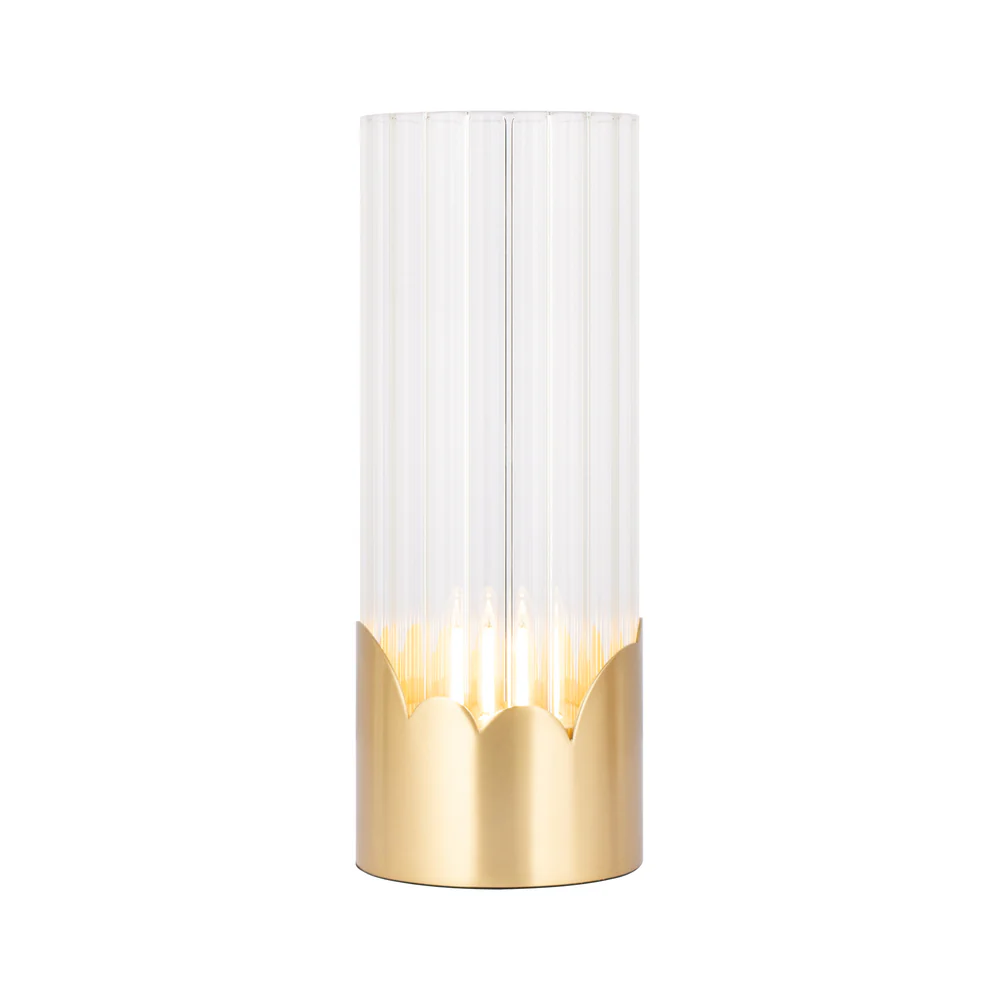 Northern Light - Luzon Sky Rechargeable Table Lamp - Brushed Brass Finish - Clear Reeded Glass Cylinder Shade
