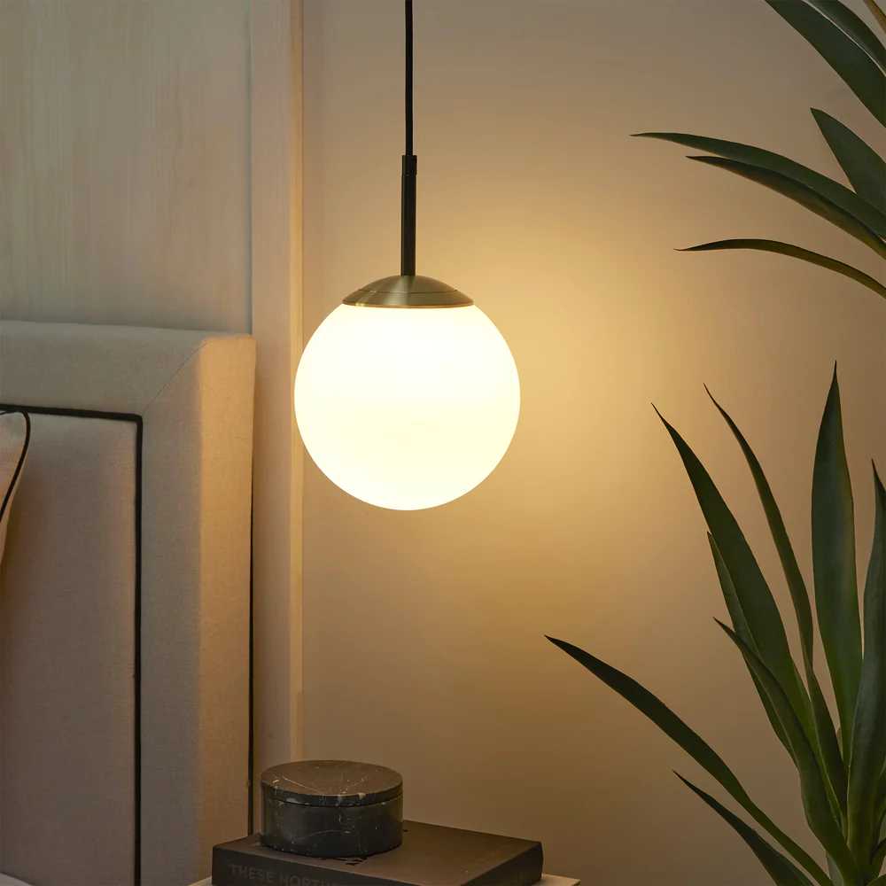 Northern Light - IO Single Pendant Large Ceiling Lights - Brushed Brass Matt Black Finish - Matt Opal Glass Globe Ø200mm Shade