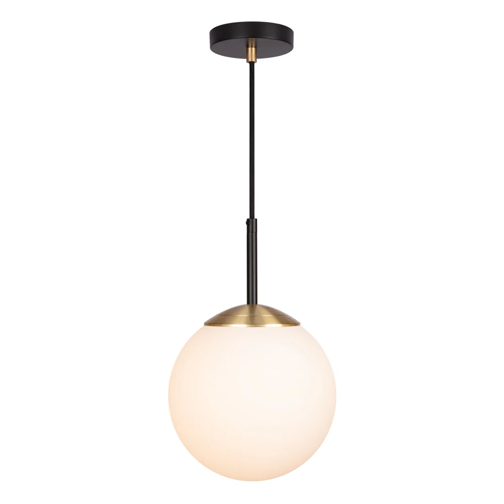 Northern Light - IO Single Pendant Large Ceiling Lights - Brushed Brass Matt Black Finish - Matt Opal Glass Globe Ø200mm Shade