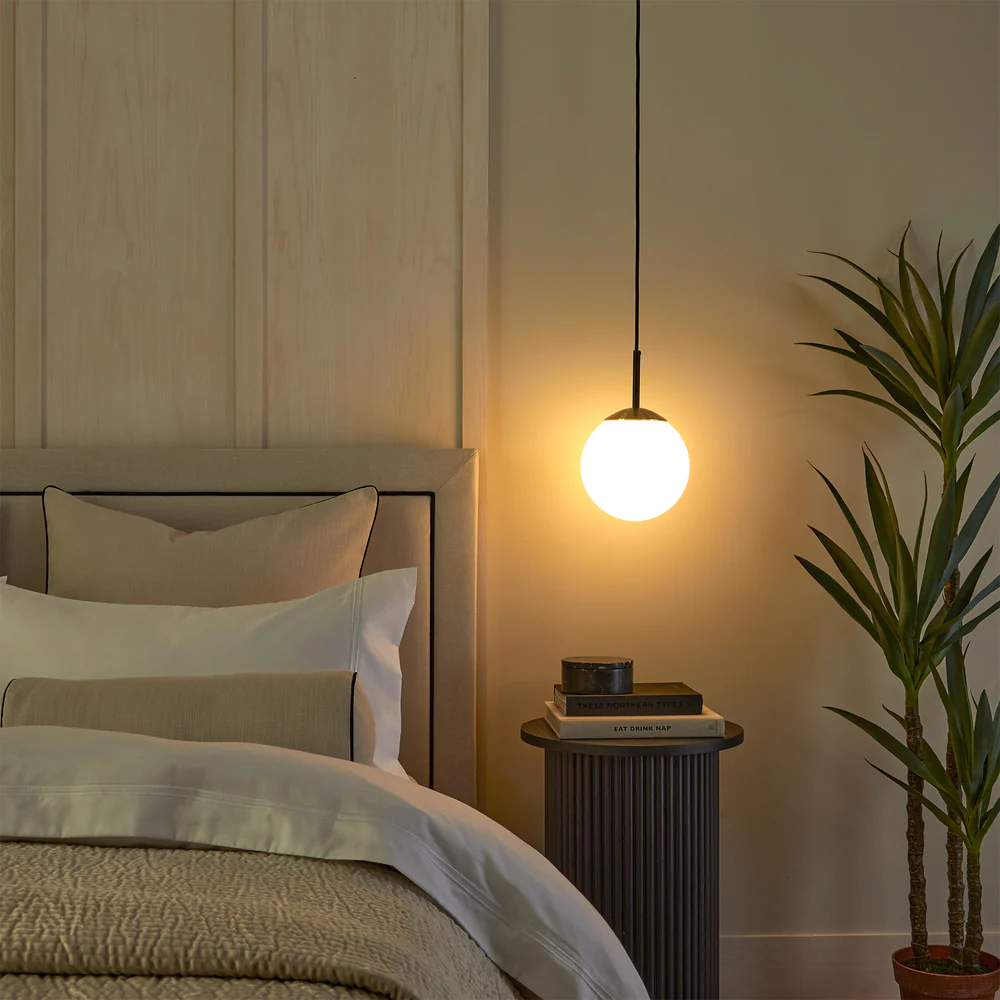 Northern Light - IO Single Pendant Small Ceiling Lights - Brushed Brass Matt Black Finish - Matt Opal Glass Globe Ø150mm Shade