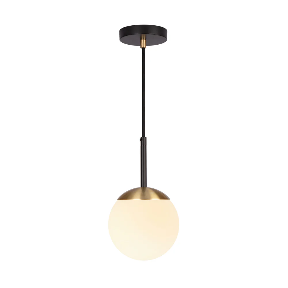 Northern Light - IO Single Pendant Small Ceiling Lights - Brushed Brass Matt Black Finish - Matt Opal Glass Globe Ø150mm Shade