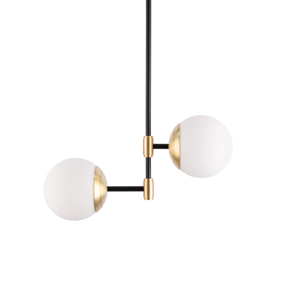 Northern Light - IO Twin Arm Pendant Ceiling Lights - Brushed Brass Matt Black Finish - Matt Opal Glass Globe Ø150mm Shade