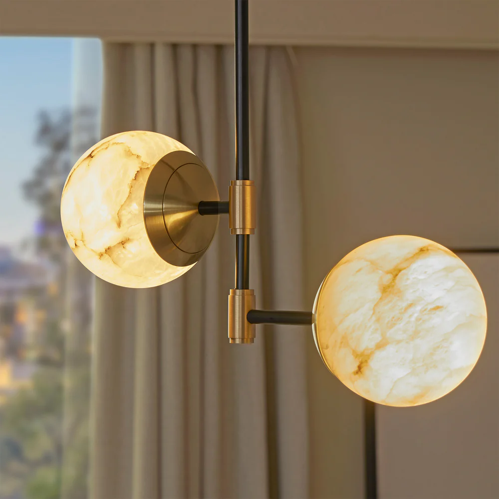Northern Light - IO Twin Arm Pendant Ceiling Lights - Brushed Brass Matt Black Finish - White Alabaster Globe Ø150mm Shade