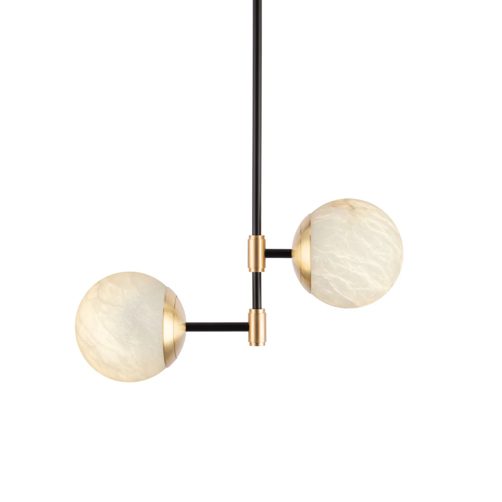 Northern Light - IO Twin Arm Pendant Ceiling Lights - Brushed Brass Matt Black Finish - White Alabaster Globe Ø150mm Shade