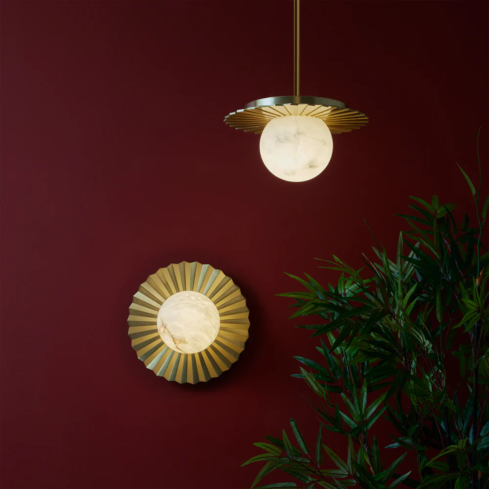 Northern Light - Vistal Alabaster Pendant Ceiling Lights - Brushed Brass Finish - White Alabaster Globe 150mm Shade