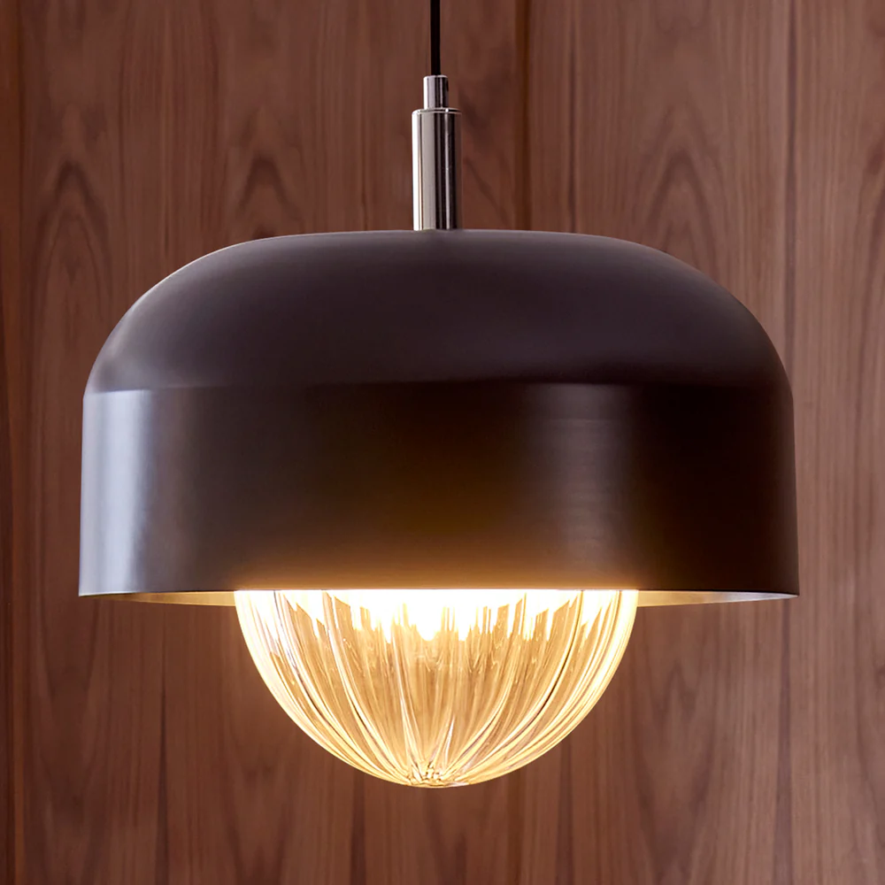 Northern Light - Bourbon Reeded Pendant Ceiling Lights - Polished Stainless Steel Matt Black Finish - Reeded Glass Globe Ø200 mm Shade