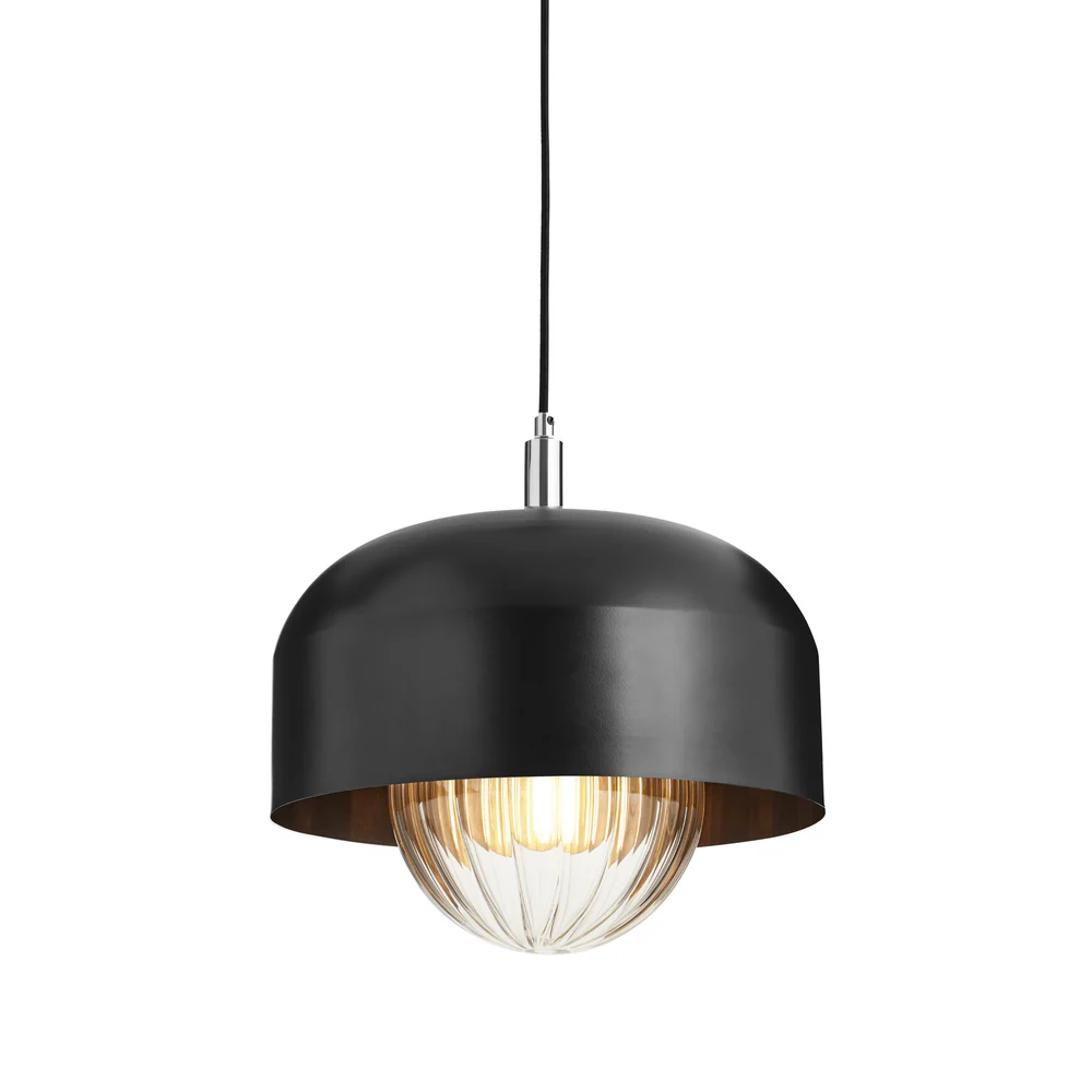 Northern Light - Bourbon Reeded Pendant Ceiling Lights - Polished Stainless Steel Matt Black Finish - Reeded Glass Globe Ø200 mm Shade