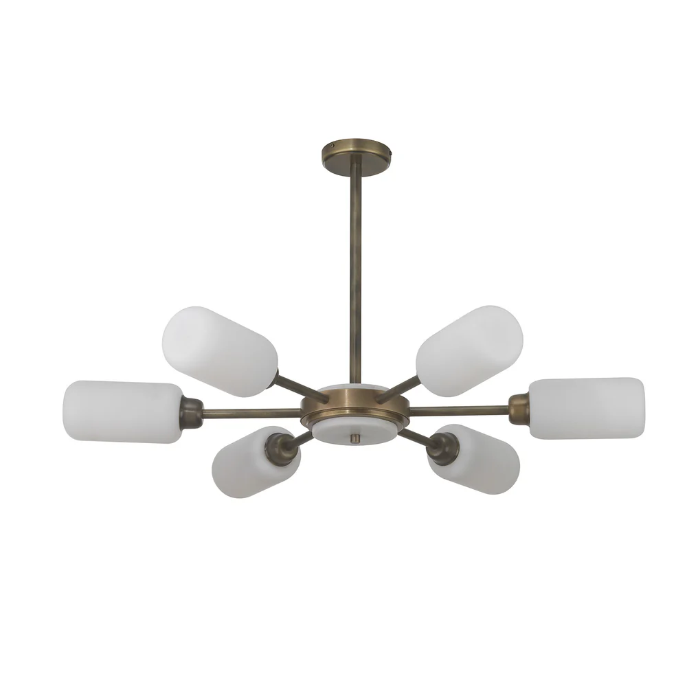 Northern Light - Roker 6 Arm Chandelier Ceiling Lights - Old English Brass Light Marble Finish -  Matt Opal Glass Shade