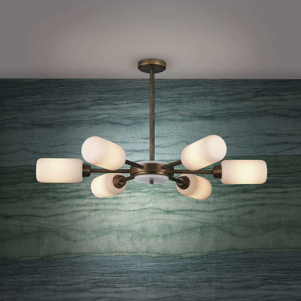 Northern Light - Roker 6 Arm Chandelier Ceiling Lights - Old English Brass Light Marble Finish -  Matt Opal Glass Shade